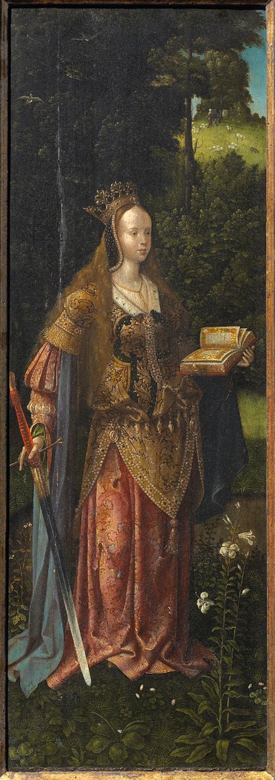 Saint Catherine. Helig familj med änglar och heliga Catherine och Barbara Triptyk, 1500-talet. av Master of Hoogstraeten