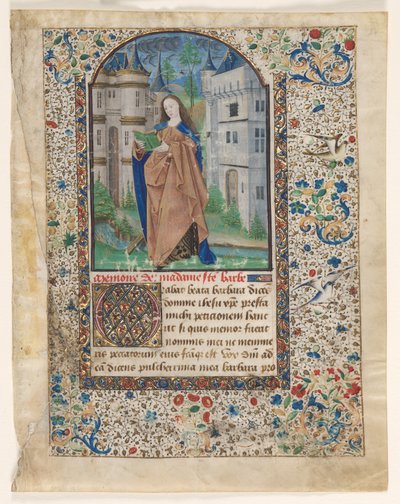Blad från en timbok: St. Barbara (2 av 2 utskurna löv) av Master of Jacques de Luxembourg