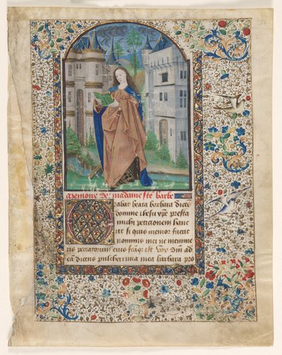 Blad från en timbok: St. Barbara 2 av 2 utskurna löv, ca. 1465. av Master of Jacques de Luxembourg
