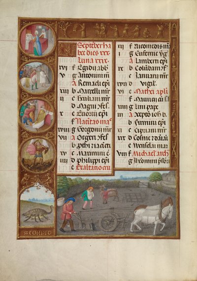 Kalendersida för september; Plöjning och sådd; Skorpionen av Master of James IV of Scotland