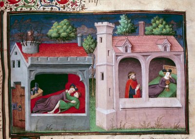 Galant scen: två par som pratar. Sida av ett manuskript på franska av "Decameron"" av Giovanni Boccaccio dit Jean Boccace (1313-1375), italiensk författare, upplyst av Mästaren av Mansel. 1450. Paris, Arsenals bibliotek av Master of Jean Mansel