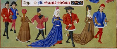 Maj: hovmännen gå. Detalj av en upplyst manuskriptsida hämtad från "" Tidsbok för hertiginnan av Bourgogne, Adelaide av Savoyen" av Mästaren av Adelaide av Savoyen (1400-talet) och Mästaren av Jean Rolin (1400-talet) av Master of Jean Rolin II