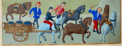 Druvskörden och transporten Detalj av en upplyst manuskriptsida hämtad från "" Time Book of the Duchess of Burgundy, Adelaide of Savoy" av Mästaren av Adelaide av Savoyen (1400-talet) och Jean Rolins Mästare (1400-talet) av Master of Jean Rolin II