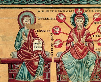 Maria tar emot den helige Andes gåvor, detalj (tempera på trä) av Master of Lluca