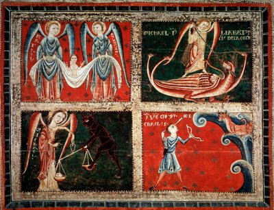 Ärkeänglarna Rafael, Michel och Gabriel (ärkeänglarna Michael, Gabriel och Rafael) Målning av mästaren i Llussa (målning av mästaren i Llussa) 1220-1250 Från klostret Santa Maria de Lluca, Spanien Barcelona Museu Nacional d