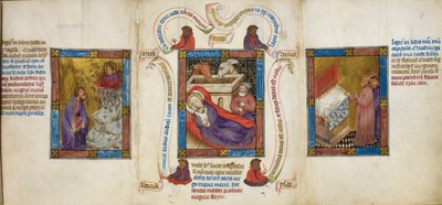 Tre scener som skildrar "Födelsekyrkan", "Moses och den brinnande busken" och "Arons stavs knoppning", illustration från "Biblia Pauperum" av Master of Margaret of Cleves