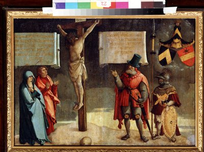 Korsfästelse med donatorer. Korsfästelse med givare. Målning av mästaren i Messkirch (cirka 1500-1543). Olja på trä. Tysk renässanskonst. Museum of Fine Arts, Pushkin, Moskva av Master of Messkirch
