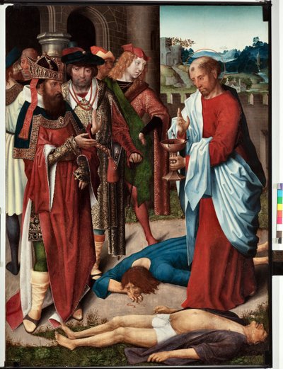 Avsnitt av Saint John evangelists liv: "The miracle of the cup of poison" (Life of St John evangelist, St John drinks a cup of poison) Målning av mästaren på San Giovanni evangelista (Saint John Evangelist) (slutet av 15th århundradet) Mått 120x90 cm Gen av Master of Saint John Evangelist