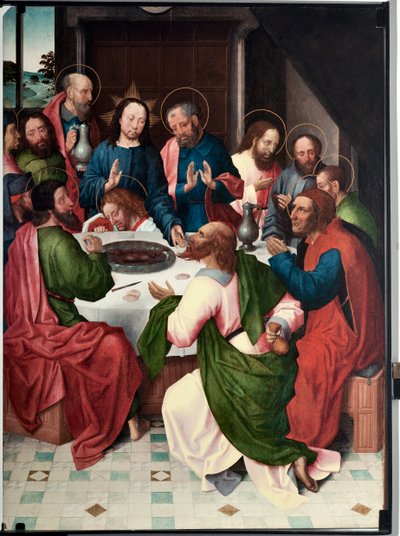 La cene (Den sista måltiden) Målning av mästaren i San Giovanni evangelista (Saint John Evangelist) (sent 1400-tal) Dim 120x90 cm Genes, Musei di Strada Nuova (ex Palazzo Bianco) inv n PB 156 av Master of Saint John Evangelist