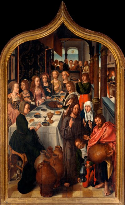 Tryptic: "The wedding of Cana"" Målning av mästaren i San Lorenzo. Socken San Lorenzo della Costa, Santa Margherita Ligure (Genua) av Master of San Lorenzo