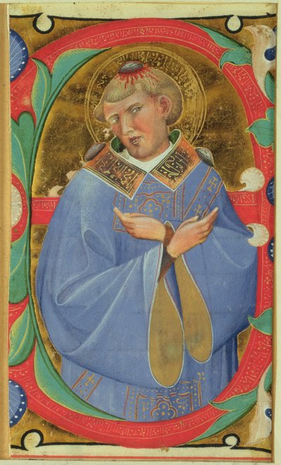 Historikert initial "E" föreställande St. Stephen av Master of San Michele of Murano