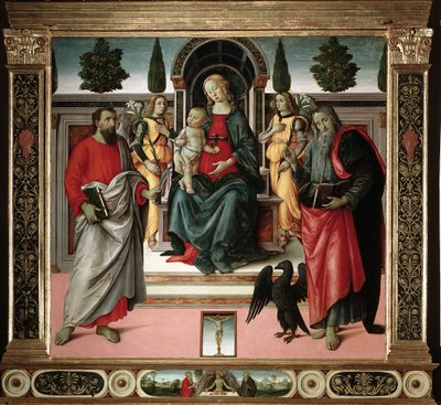 Jungfru med barn med St John och St Bartholomew Målning av mästaren i Santo Spirito (1400-talet) Florens, Santo Spiritos kyrka, Italien av Master of Santo Spirito