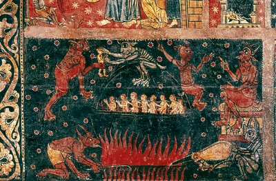 St. Michaels tecken. Detalj av helvetet. Målning av Mästaren av Soriguerola (mitten av 1200-talet). Tempera på trä. Kataloniens nationella konstmuseum, Barcelona. av Master of Soriguerola