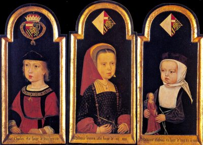 Ärkehertig Karl, den senare helige romerske kejsaren Karl V., med sina systrar Eleanor och Isabella vid en ålder av 2 år, 1502 av Master of St.Georgsgilde