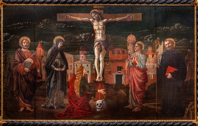 Korsfäste Kristus bland Peter, Jungfrun, Maria Magdalena, aposteln Johannes och Benedictus av Master of St. Peter in Vicenza