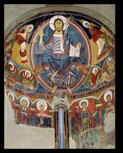 Kristus i Majestät flankerad av serafer och symboler för evangelisterna, apsis fresk från San Climente i Taull (Tahull) Katalonien, ca 1123 (fresk) av Master of Tahull