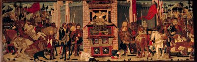 På övervåningen tar Didon emot Enees ambassadörer i Troja. Detrempe på trä av Master De Tournon De Sainte Croix av Master of Tournon de Sainte Croix