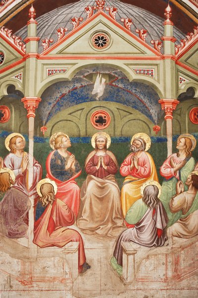 "Pingstdagen", Detalj med bedjande helgon och Jungfru Maria och duvan, ca 1420 (fresk) av Master of Vignola