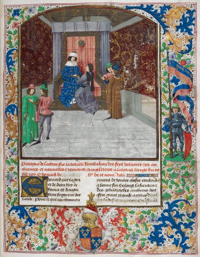 Edvard IV tronade, iklädd det gyllene skinnet, och fick boken från Jean Wavrin, från 