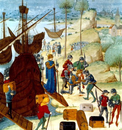 Kung Edward III anländer till Saint Vaast La Hogue den 12 juli 1346, illustration från Chroniques dAngleterre av Master of Wavrin