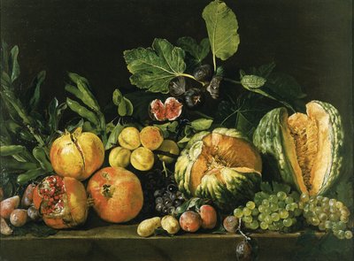 Granatäpplen, meloner, vindruvor, persikor, fikon och andra frukter på en stenkant av Master of the Acquavella Still Life