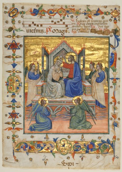 Leaf from an Antiphonary: Coronation of the Virgin, 1400-talet. av Master of the Beffi Triptych