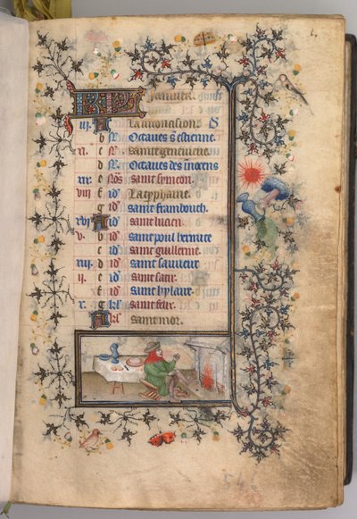 Timmar för Karl den ädle, kung av Navarra 1361-1425: fol. 1r, januari, c. 1405. av Master of the Brussels Initials and Associates
