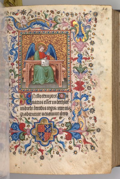 Timmar för Karl den ädle, kung av Navarra 1361-1425: fol. 25a, St. Matteus, ca. 1405. av Master of the Brussels Initials and Associates