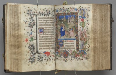 Timmar för Karl den ädle, kung av Navarra 1361-1425: fol. 87v, text, c. 1405. av Master of the Brussels Initials and Associates