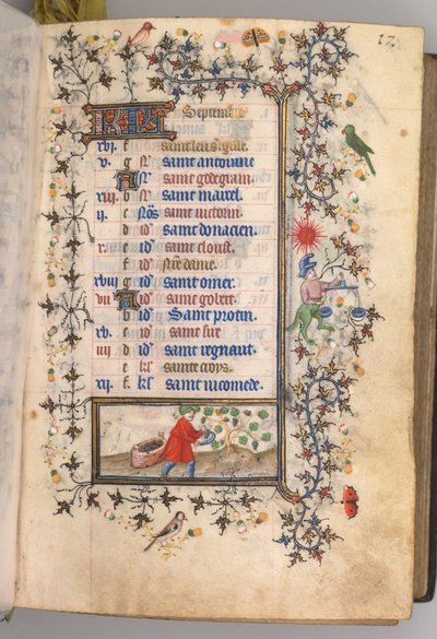 Timmar för Karl den ädle, kung av Navarra 1361-1425: fol. 9r, september, ca. 1405. av Master of the Brussels Initials and Associates