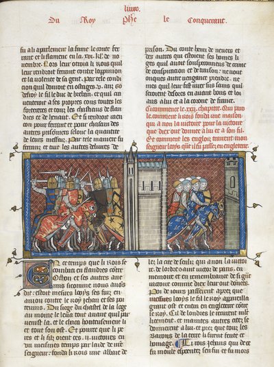 Royal 16 G. VI f.385 En strid med John, kung av England, och Ludvig VIII på marschen, från 