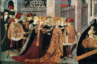 Decameron de Boccaccio (Jean Boccaccio): Chatelain Pericone välkomnar Alatiel, dotter till sultanen av Babylon Beminedab och hennes svit på ön Mallorca (Pericone da Visalgo välkomnar Alatiel dotter till Beminedab, Sultanen av Babylon, på hej av Master of the Cassoni