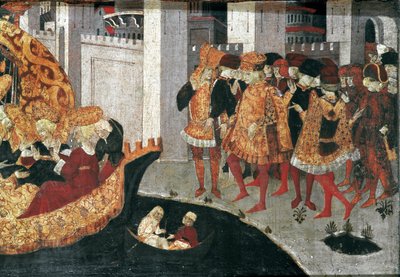 Decameron de Boccaccio (Jean Boccaccio): Chatelain Pericone välkomnar Alatiel, dotter till sultanen av Babylon Beminedab och hennes svit på ön Mallorca (Pericone da Visalgo välkomnar Alatiel dotter till Beminedab, Sultanen av Babylon, på hej av Master of the Cassoni
