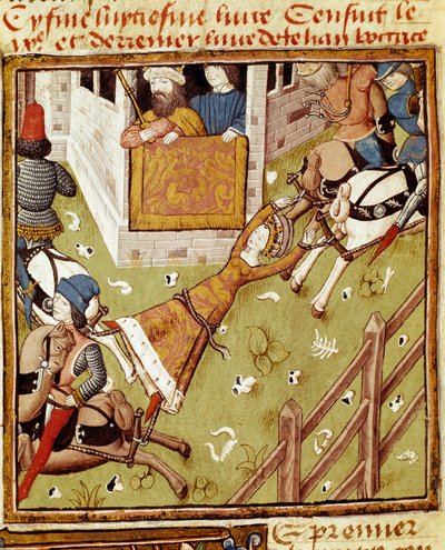 Brunehauts tortyr: Brunehaut eller Brunehilde (543-613), fången av Clotaire (Clothaire) II, slits sönder av hästar som drar sina medlemmar från varje sida - Miniatyr av Mästaren av damernas mästare från manuskriptet "" Des hommes illustres ”””” 15 av Master of the Champion des Dames