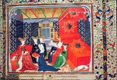 Harl 4431 fol.3 Christine de Pisan presenterar sin bok för drottning Isabella av Bayern, från Christine de Pisans dikter, c.1410-15 (vellum) av Master of the Cité des Dames