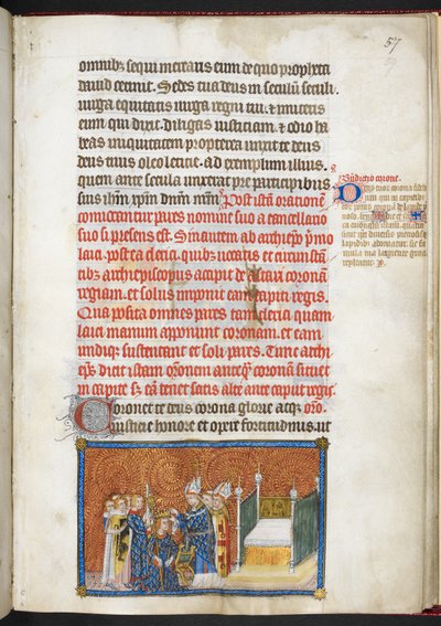 Cotton Tiberius B.VIII f.59 Ärkebiskopen av Reims placerar kronan på kungens huvud, från 