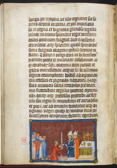 Cotton Tiberius B. VIII f.49v Ärkebiskopen av Reims återlämnar svärdet till kungen, illustration från 
