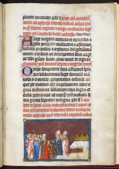 Cotton Tiberius B. VIII f.69r Drottningen tar emot spiran och virga, från 