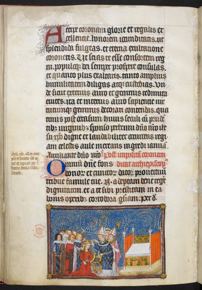 Cotton Tiberius B. VIII f.69v Ärkebiskopen av Reims placerar kronan på drottningens huvud och baronerna upprätthåller hennes krona, illustration från 