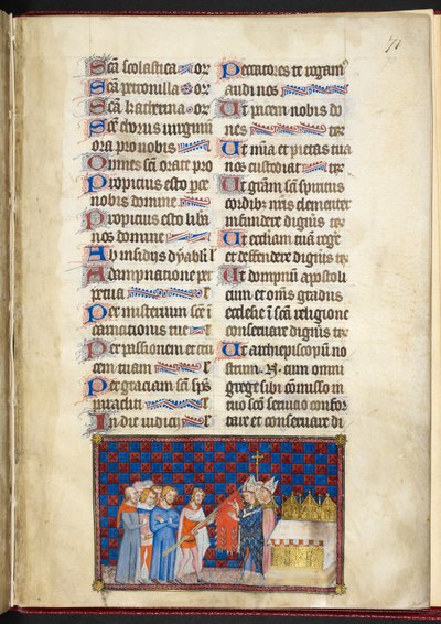 Cotton Tiberius B. VIII f.73r, ärkebiskopen av Reims som välsignar Oriflammen, illustration från 