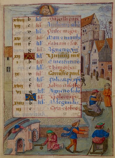 Lägg till. 18852, f.2 Kalendersida för januari, illustration från "Hours of Joanna of Castile" av Master of the David Scenes