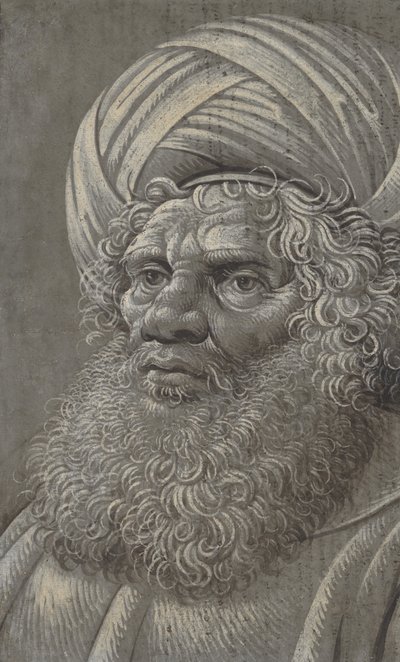 Huvudet på en skäggig man som bär en turban recto, latinsk skrift tergo, ca. 1510. av Master of the Death of Absalom