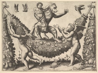 En apa som håller en bunden putto stående på en krans framför vilken två bevingade p..., 1530-60. av Master of the Die