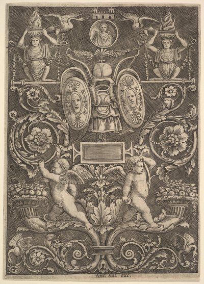 En prydnadspanel, putti stående på ymnighetshorn i nedre delen, 1530-60. av Master of the Die