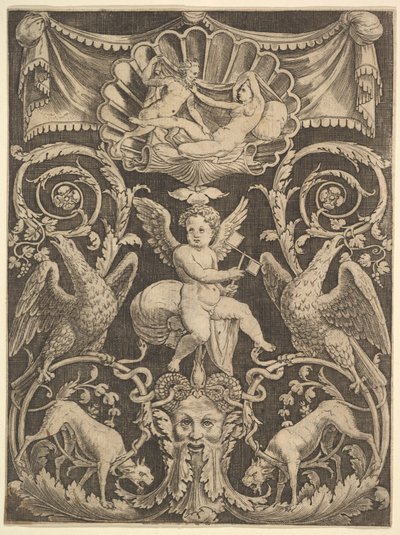 En prydnadspanel med en putto i mitten som håller en väderkvarn, 1532. av Master of the Die