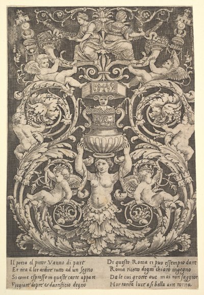 En prydnadspanel med en kvinna som håller en vas i mitten, 1532. av Master of the Die