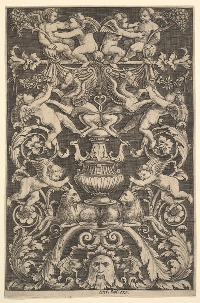En prydnadspanel med putti, get och andra figurer, 1530-60. av Master of the Die