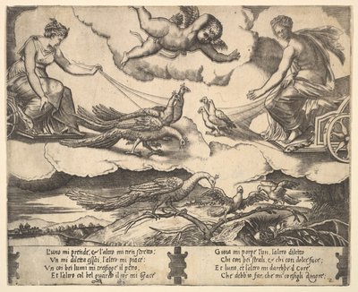 Allegori om äktenskap och kärlek, Juno i en vagn dragen av påfåglar till vänster, Venus i en ..., 1530-60. av Master of the Die