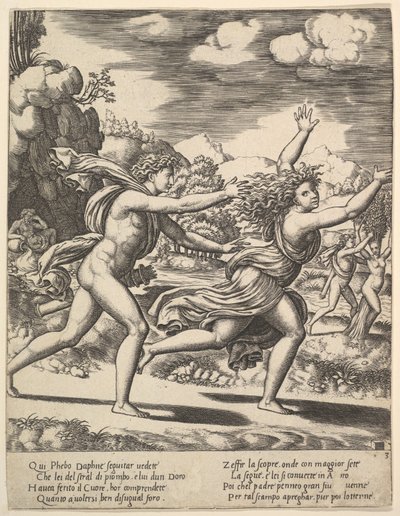 Apollo jagar Daphne som slår upp armarna, i bakgrunden till höger visar mamman..., 1530-60. av Master of the Die