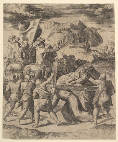 Kristus bär korset omgiven av soldater, flera till häst, 1530-60. av Master of the Die